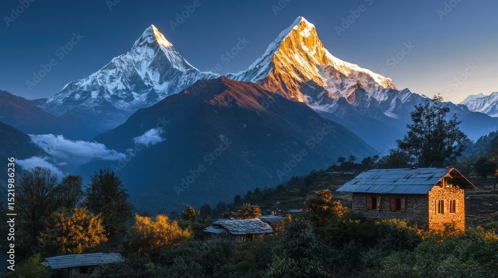 Fototapeta premium Majestic snow capped mountains towering above serene hillside dwellings