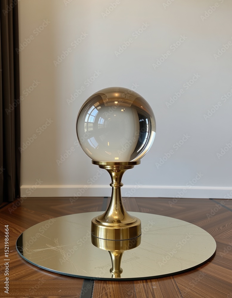 A clear glass sphere on a brass stand sits atop a mirrored surface, reflecting light in a modern, minimalist room. A clear glass sphere on a brass stand sits atop a mirrored surface, reflecting light in a modern, minimalist room.
