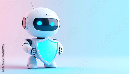 A cute robot holding a shield, symbolizing protection and security, set against a soft gradient background of blue and pink hues
