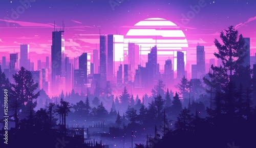 Vibrant Sunset Over City Skyline with Silhouetted Forest