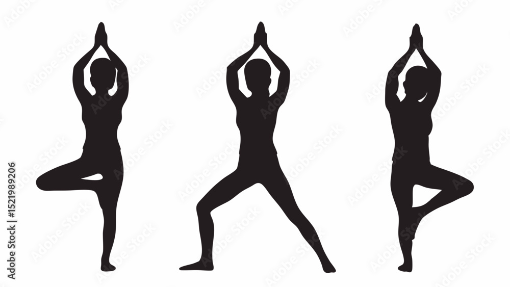 Fototapeta premium Silhouettes of three women performing different yoga poses with hands raised above their heads in black color