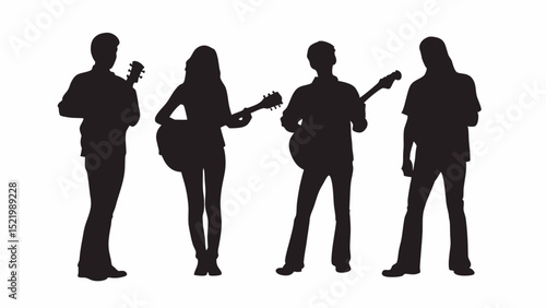 Silhouette of a band playing guitars and performing together on a stage in front of an audience