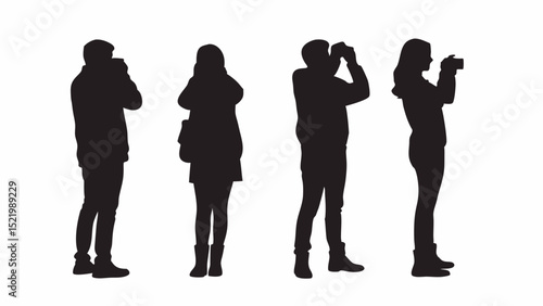 Silhouettes of four people with cameras and binoculars in various poses against a white background