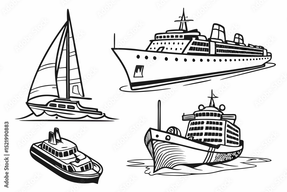 Obraz premium Outlined illustration showcasing a variety of different types of boats and ships at sea water, vector art