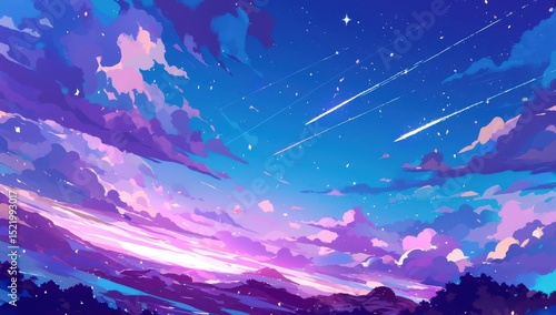 Stunning Night Sky with Colorful Clouds and Shooting Stars