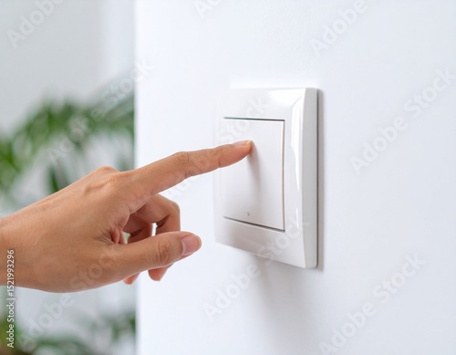 Dedo pressionando interruptor de luz moderno em ambiente claro