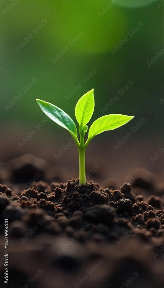 Fototapeta premium A single, tiny sprout emerges from rich soil, symbolizing the fragile beginning of new life and the potential for growth and strength , roots, tiny