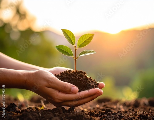 Mãos segurando muda de planta ao pôr do sol em solo fértil