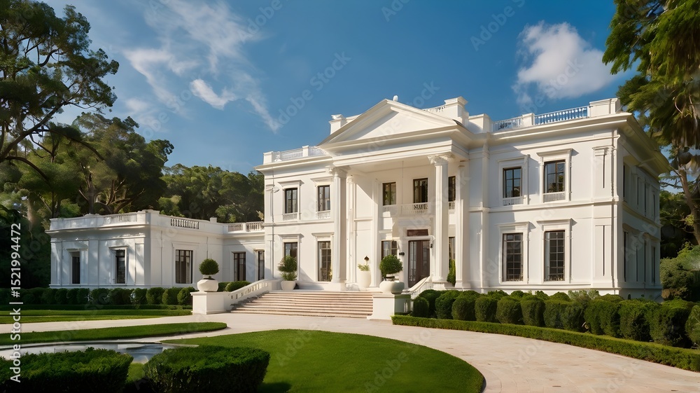 Obraz premium White Neoclassical Mansion with Grand Entrance and Lush Landscaping.