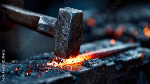 Hot metal being hammered on anvil in blacksmith workshop, glowing sparks flying as metal is shaped with intense heat and force