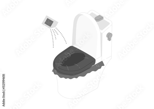 凝固剤を振りかけている簡易トイレのイラスト