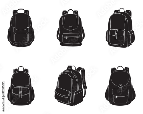 set of backpack sketch silhouette vector illustration 