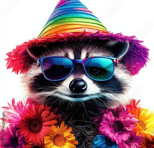 Partying Raccoon with Rainbow Hat and Sunglasses