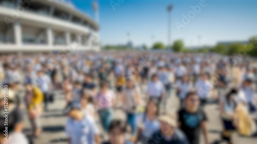 Crowd of Fans Walking Outside Sports Stadium – Game Day Atmosphere and Excitement