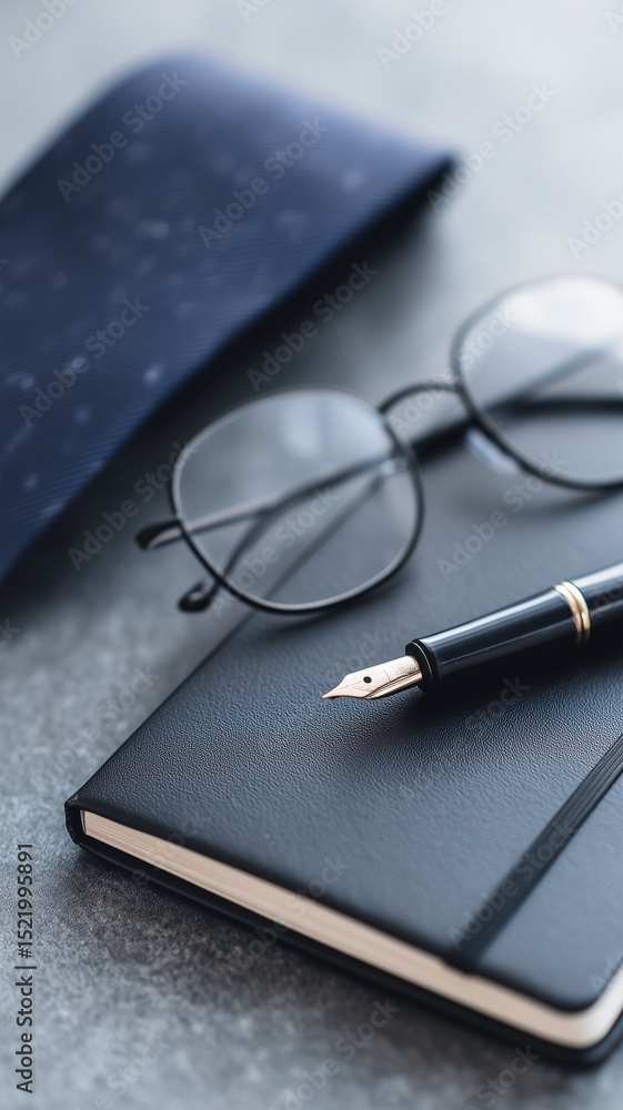 Black notebook with fountain pen and glasses on table with tie Black notebook with fountain pen and glasses on table with tie