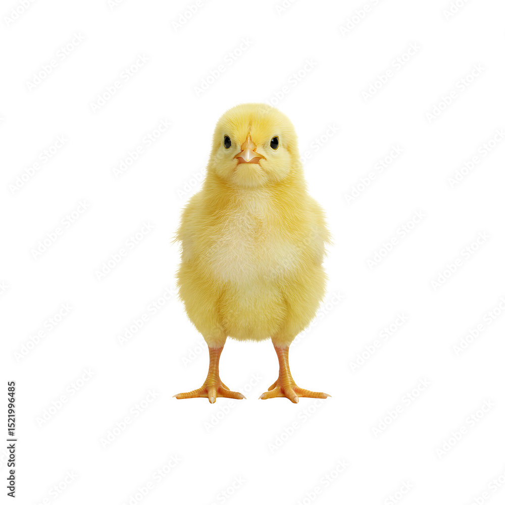 Fluffy yellow chick standing with legs apart on white Fluffy yellow chick standing with legs apart on white