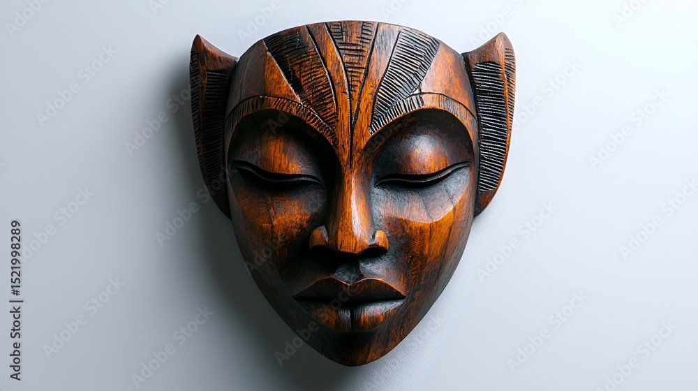 Hand-carved wooden mask with serene expression, dark brown, minimalist background. Hand-carved wooden mask with serene expression, dark brown, minimalist background.