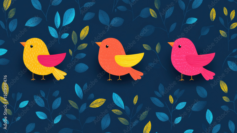 Obraz premium Colorful birds with vibrant leaves create cheerful and playful atmosphere in this whimsical design