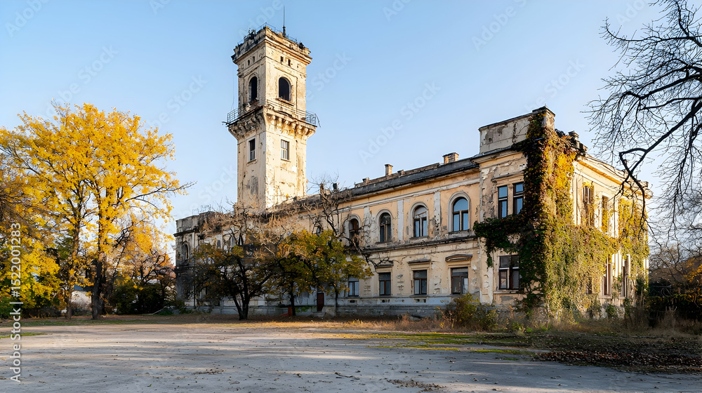 Obraz premium Abandoned Pale Yellow Building With Autumn Trees And Tower