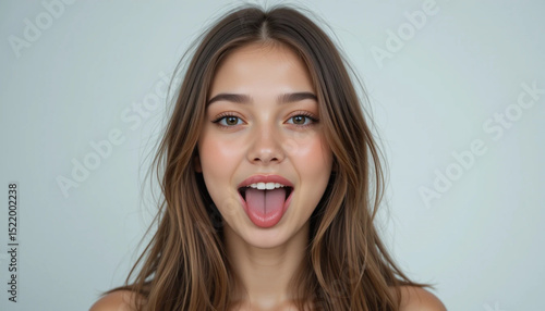 Young Woman Posing with Tongue Out Against Plain Background Portrait