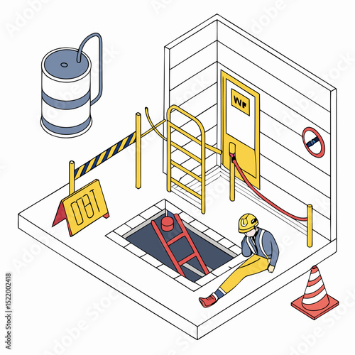 Industrial safety failure scenario showing unconscious worker collapsing at confined space entrance due to lack of proper ventilation