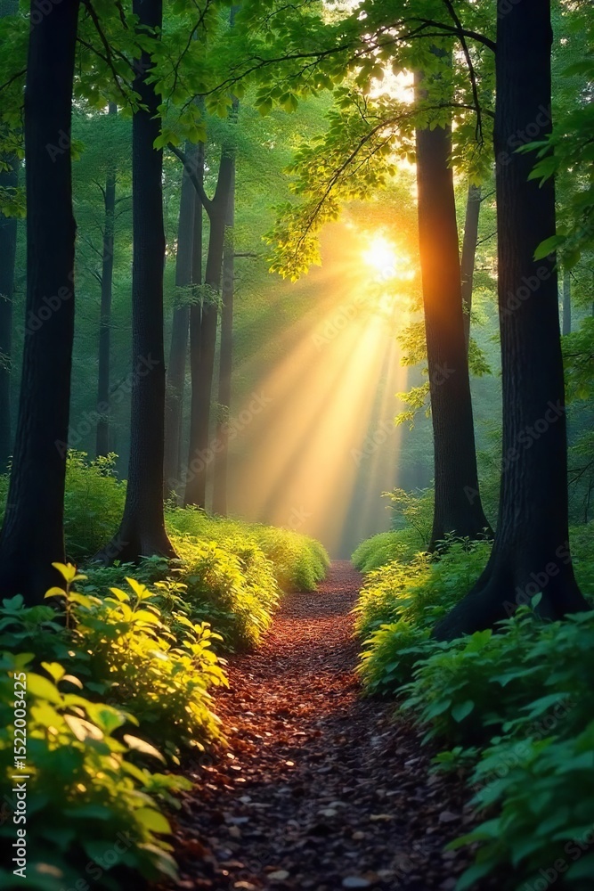Naklejka premium Serene forest scene at dawn Sunlight filters through leaves, illuminating a tranquil path Perfect for nature, travel, and environmental themes , morning, environment
