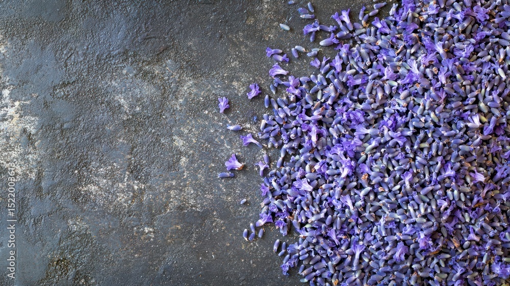 Purple lavender flowers scattered on a textured dark surface backdrop Purple lavender flowers scattered on a textured dark surface backdrop