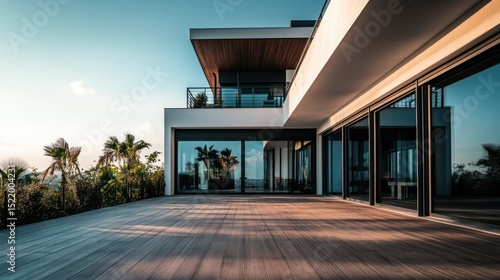 A modern minimalist home with large windows and wooden deck