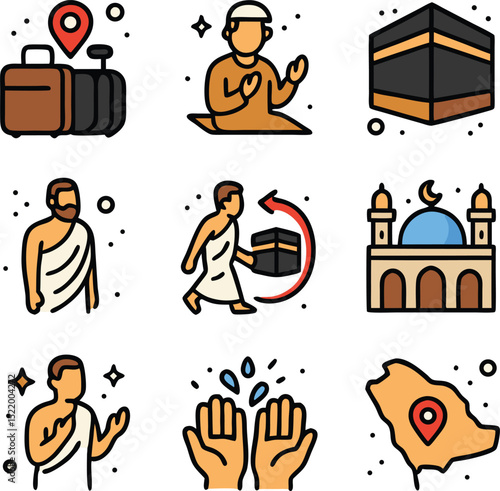 Umrah and hajj icons illustrate islamic pilgrimage rituals.