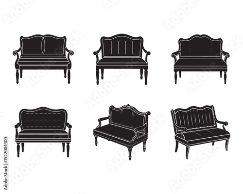 loveseat bench icon set silhouette vector illustration
