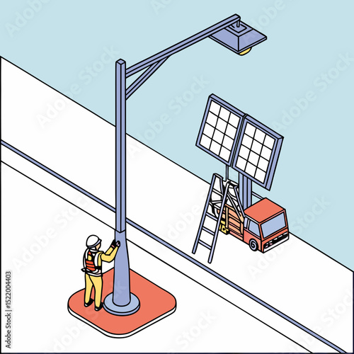 Worker performing maintenance on a solar-powered street light using a hydraulic lift under clear blue sky 
