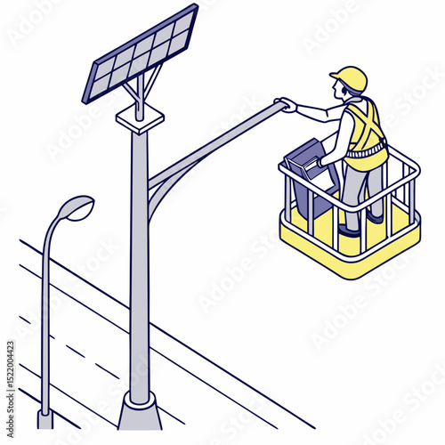 Worker performing maintenance on a solar-powered street light using a hydraulic lift under clear blue sky 
