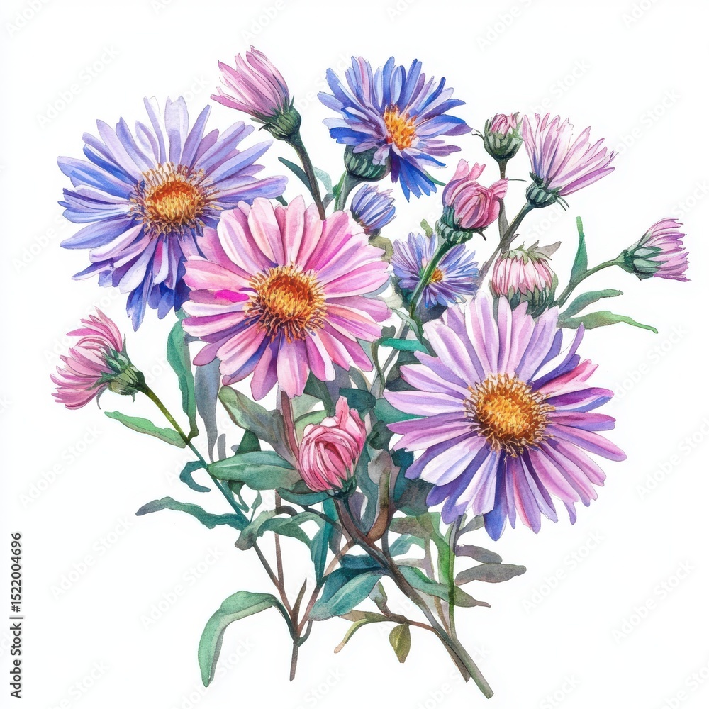Obraz premium Watercolor Painting of Purple and Pink Aster Flower Bouquet