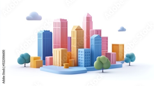 Pastel-colored 3D model of a city with trees and clouds on a white background.