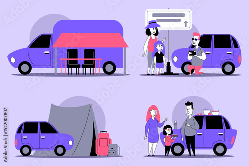 Family engaging in outdoor activities during vibrant camping trip, showcasing tent setups, social interactions, and playful moments around their colorful vehicles