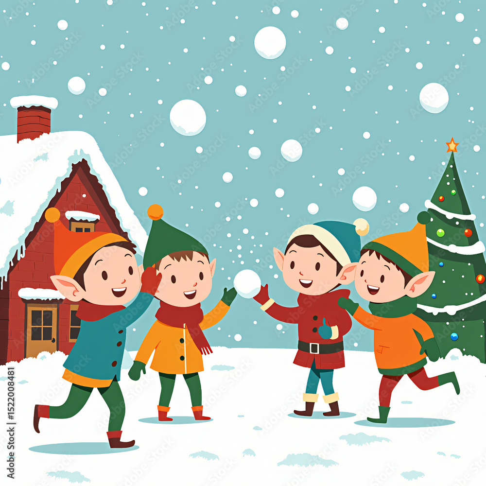 Joyful Winter Elf Gathering: A quartet of cheerful elves are engrossed in a merry snowball fight, their faces lit with laughter amidst the snowy charm of winter. Joyful Winter Elf Gathering: A quartet of cheerful elves are engrossed in a merry snowball fight, their faces lit with laughter amidst the snowy charm of winter.