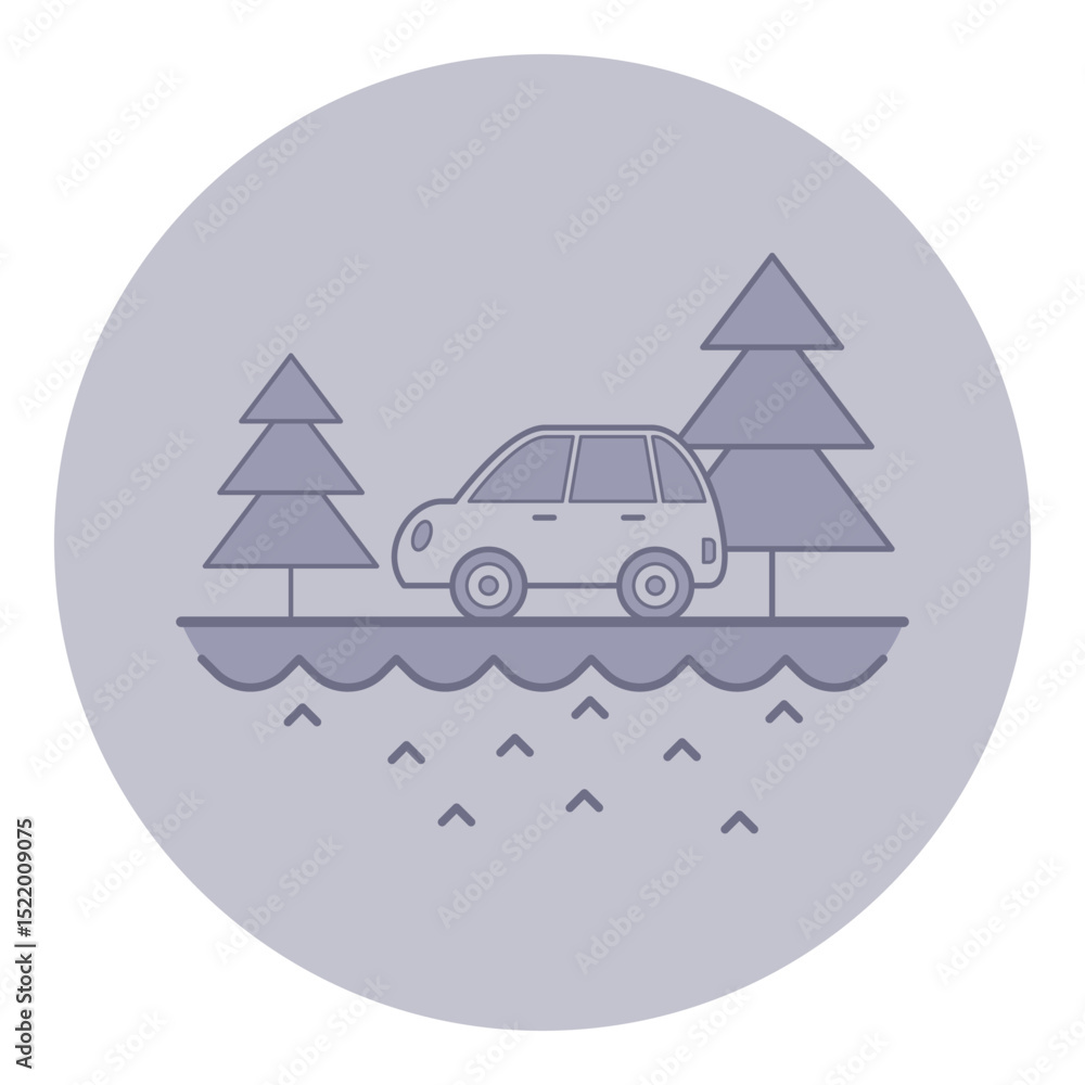 Car traveling on path adjacent to serene lake, framed by tall evergreen trees. Peaceful outdoor adventure concept Car traveling on path adjacent to serene lake, framed by tall evergreen trees. Peaceful outdoor adventure concept