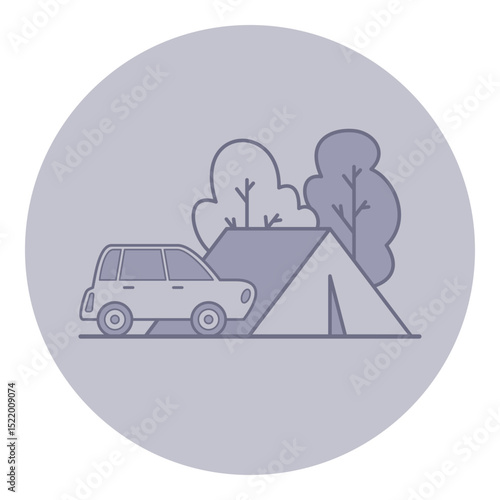 Car parked next to tent, set in natural landscape with trees. Ideal for outdoor enthusiasts seeking adventure in natures tranquility. Camping getaway concept