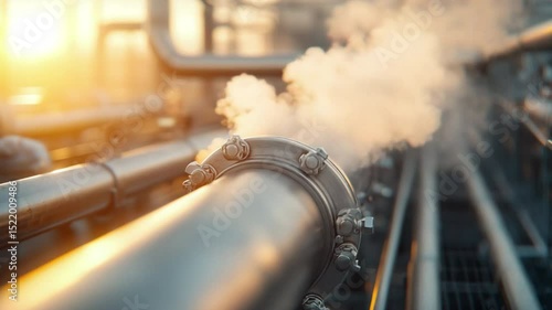 Industrial pipeline releasing steam at sunrise, showcasing energy infrastructure and technology in a modern facility.