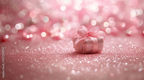 Elegant pink gift box with a ribbon, sparkling, bokeh background, creating a festive and celebratory atmosphere.
