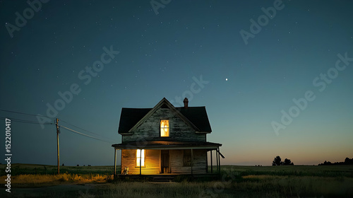 Abandoned Farmhouse At Dusk In Rural Field