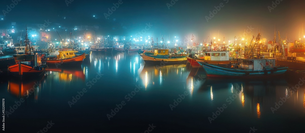 Fototapeta premium Misty fishing harbor at night