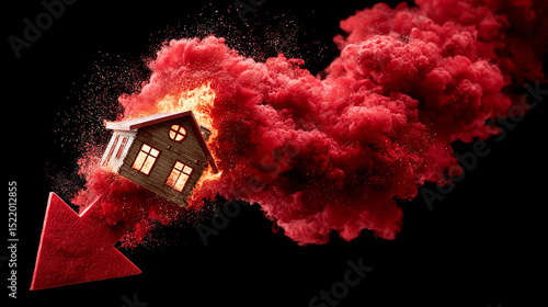 Small house model on fire with red downward arrow symbolizing real estate market crash and financial loss concept