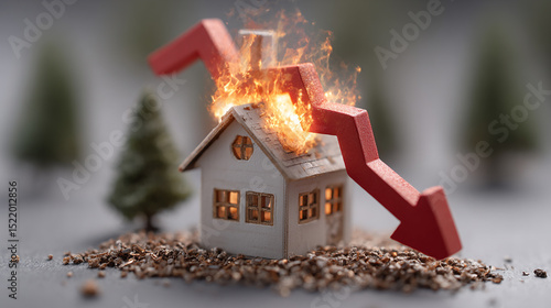 Small house model on fire with red downward arrow symbolizing real estate market crash and financial loss concept