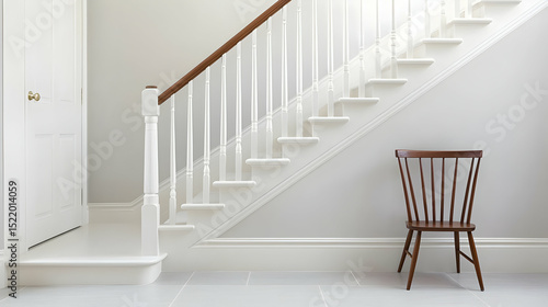 White Interior Staircase With Wooden Chair