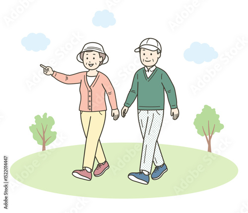 仲の良い老夫婦が公園で散歩を楽しんでいる全身イラスト