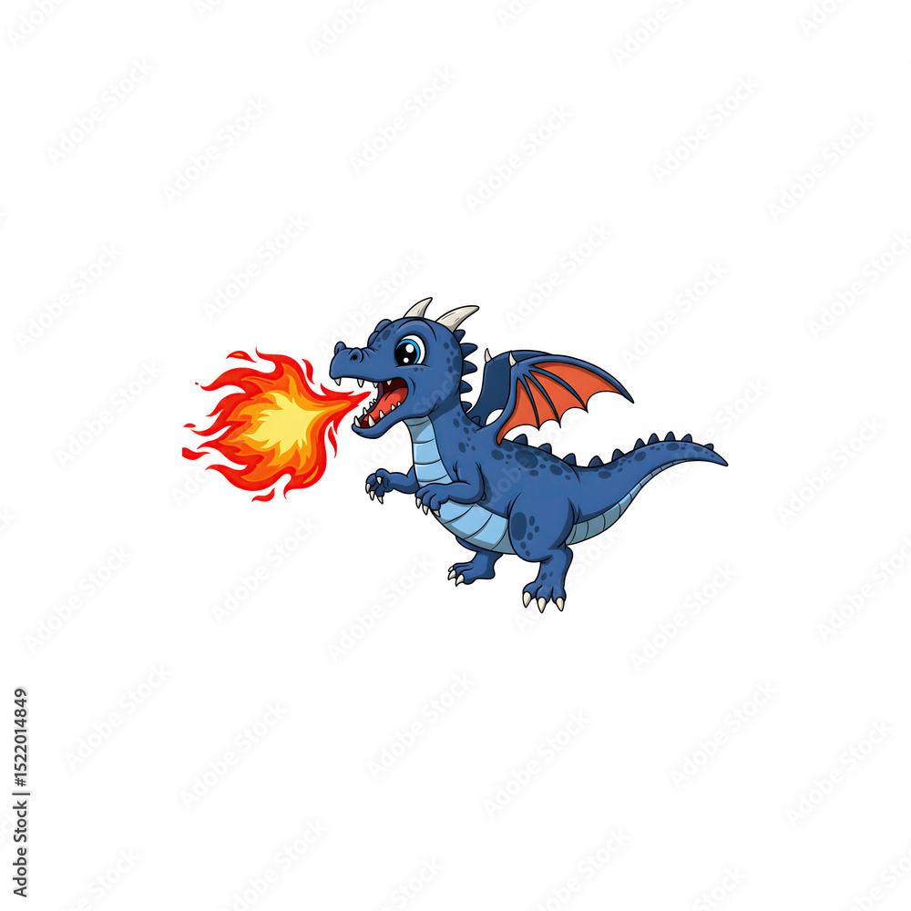 Fototapeta premium Small blue dragon breathing fire with a fierce expression.