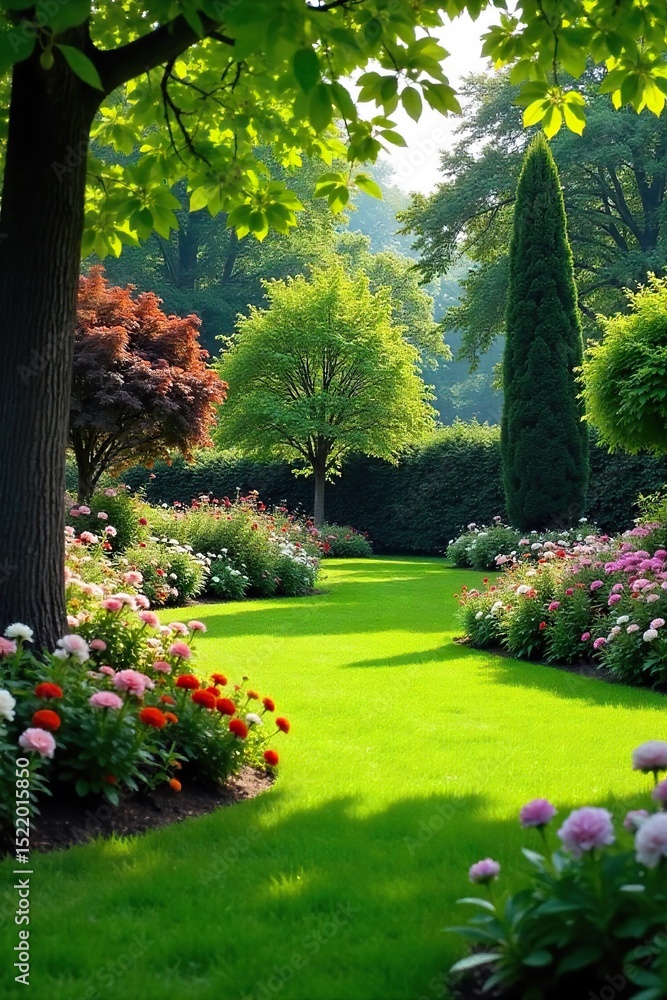 Fototapeta premium Serene garden landscape featuring lush green lawn, vibrant flowerbeds, and mature trees Perfect for real estate, home improvement, and nature websites , greenery, colorful, peaceful