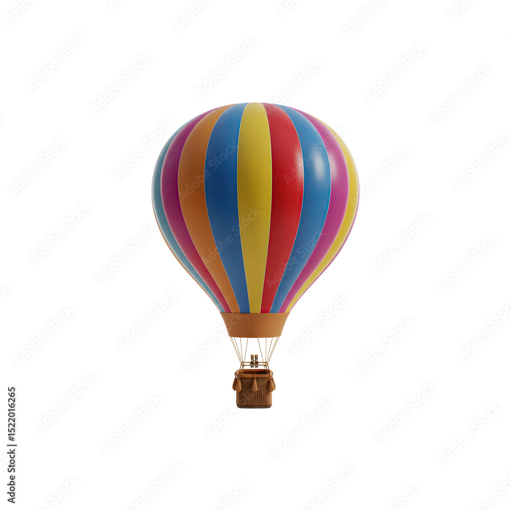 Naklejka premium Colorful striped hot air balloon with basket, a vibrant design for travel or festival clipart