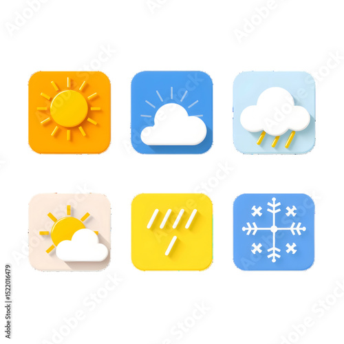 A collection of minimalist icons about weather conditions, such as sunny, cloudy, rainy, and snowy